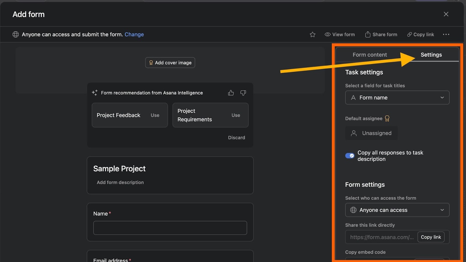 Image of an Asana form with the settings menu open