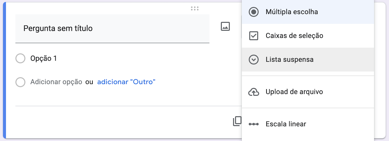 Captura de ecrã de um formulário no Google Forms seleccionando o menu pendente nas opções de pergunta