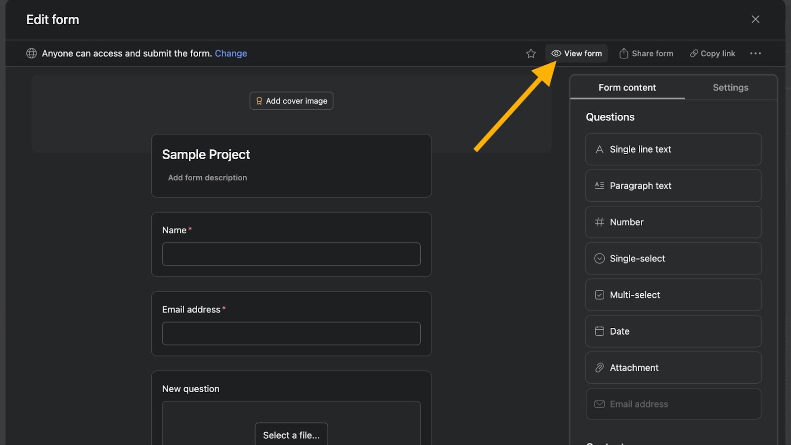 An image of an Asana form with an arrow pointing at "View form" in the top bar menu