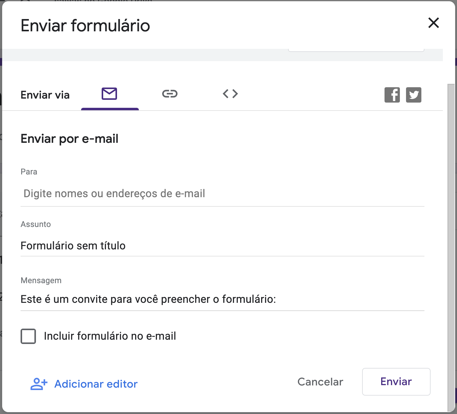 Uma caixa de diálogo para enviar um formulário por correio eletrónico com campos para destinatário, assunto e mensagem