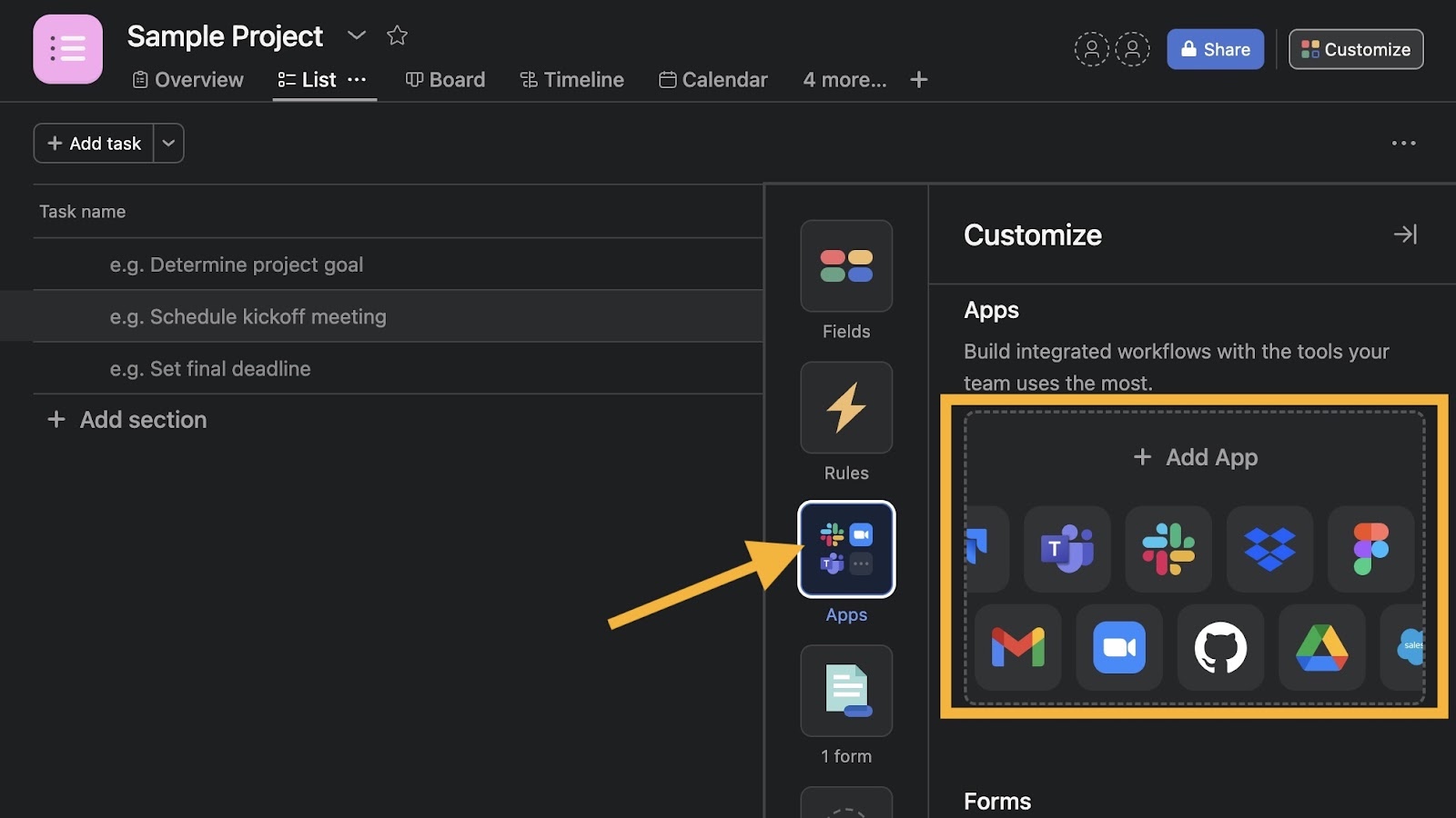 Image of an Asana project customization settings