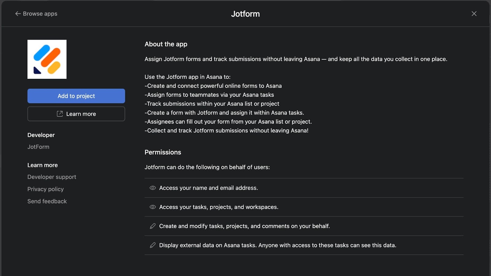 An image of the Jotform integration description in Asana