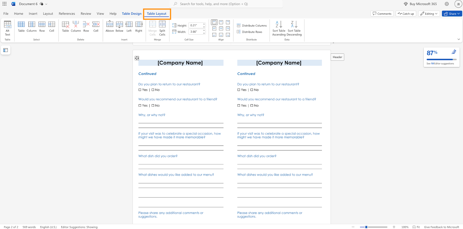 Microsoft Word interface with an open document template designed for customer feedback, featuring structured questions and response options