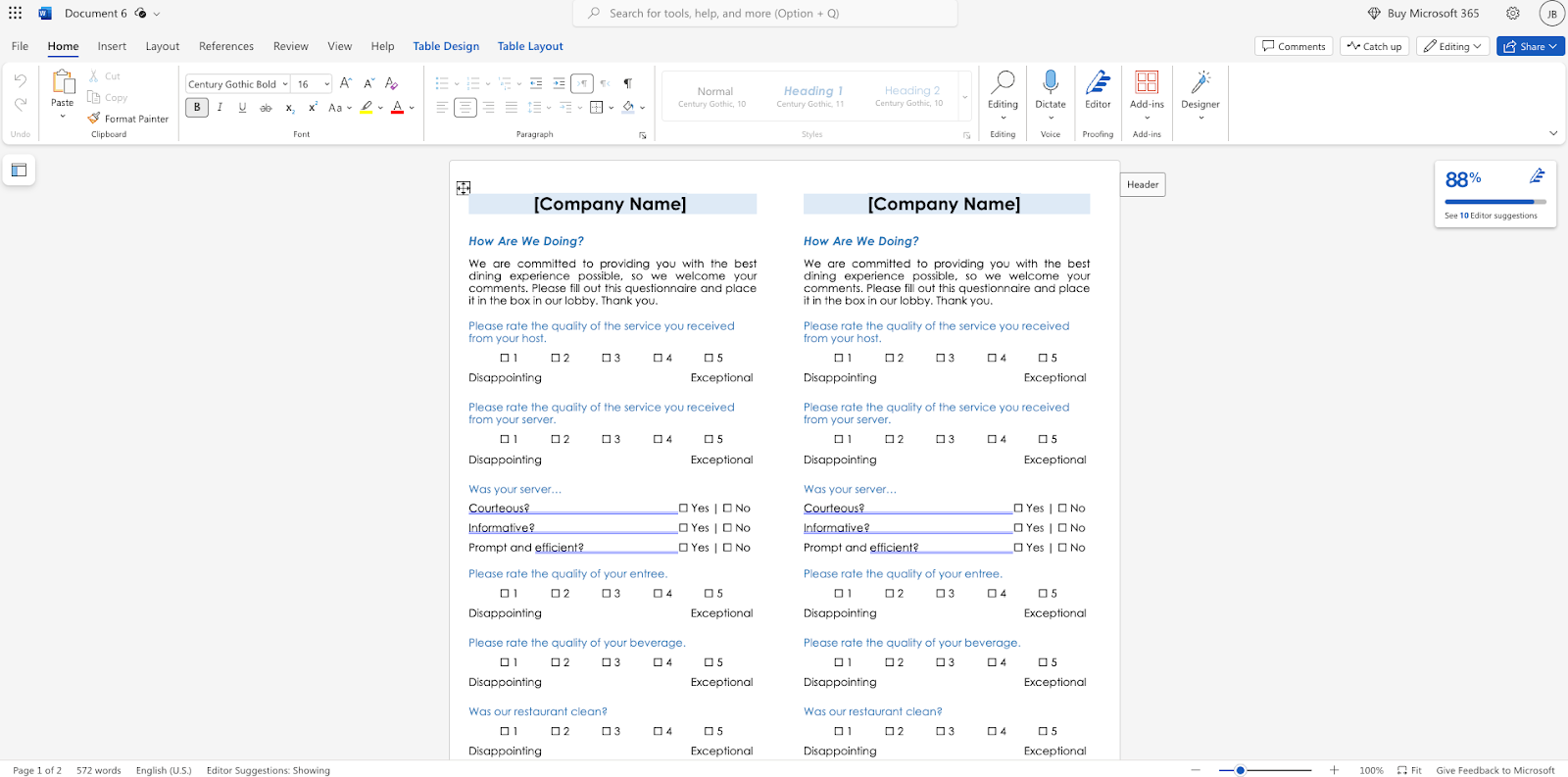 A Microsoft Word document view showing a customer service feedback form with Likert scale questions and checkboxes