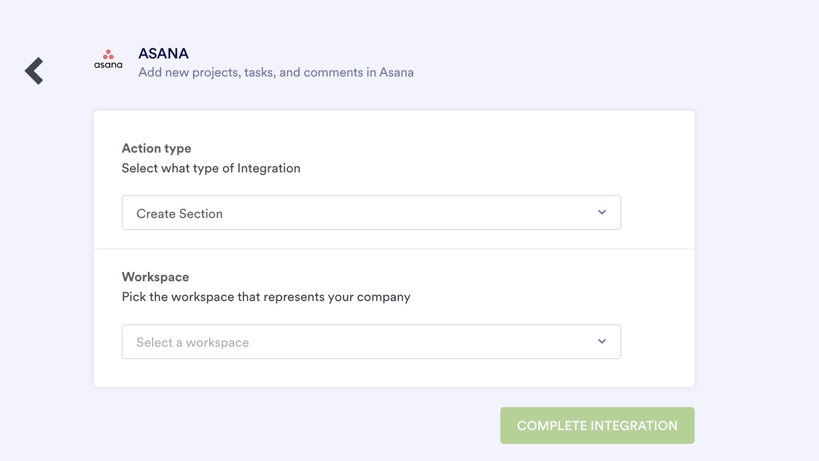 An image of the Asana integration settings