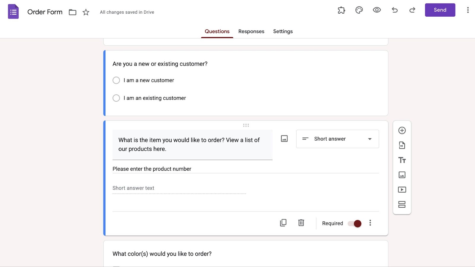 Gambar dari formulir pesanan di pembuat Google Formulir