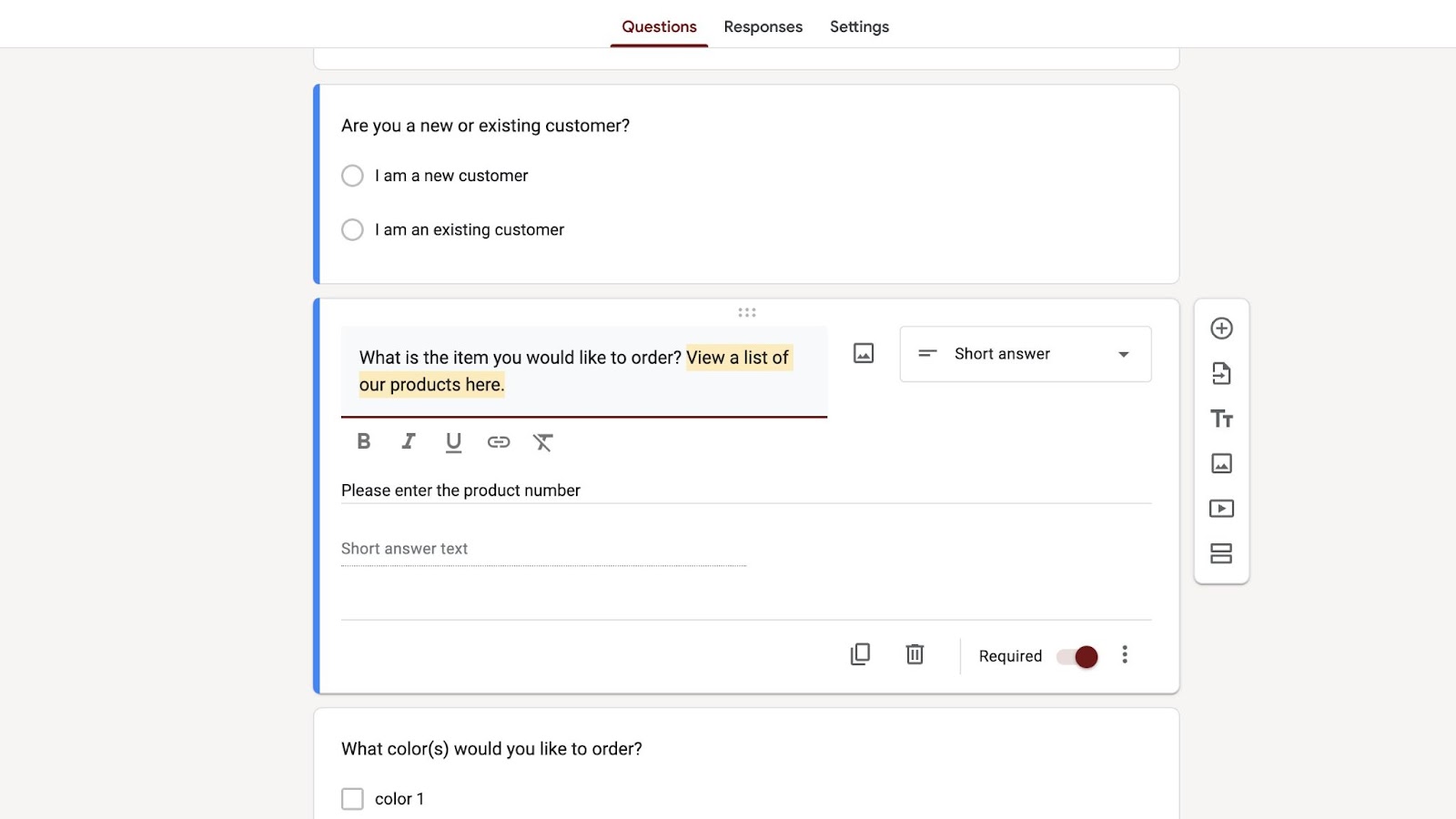 Gambar dari formulir pesanan di pembuat Google Formulir