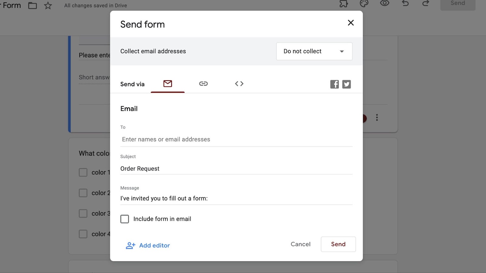Tangkapan layar dari jendela pop-up "Kirim formulir" dengan opsi pengiriman email yang ditampilkan