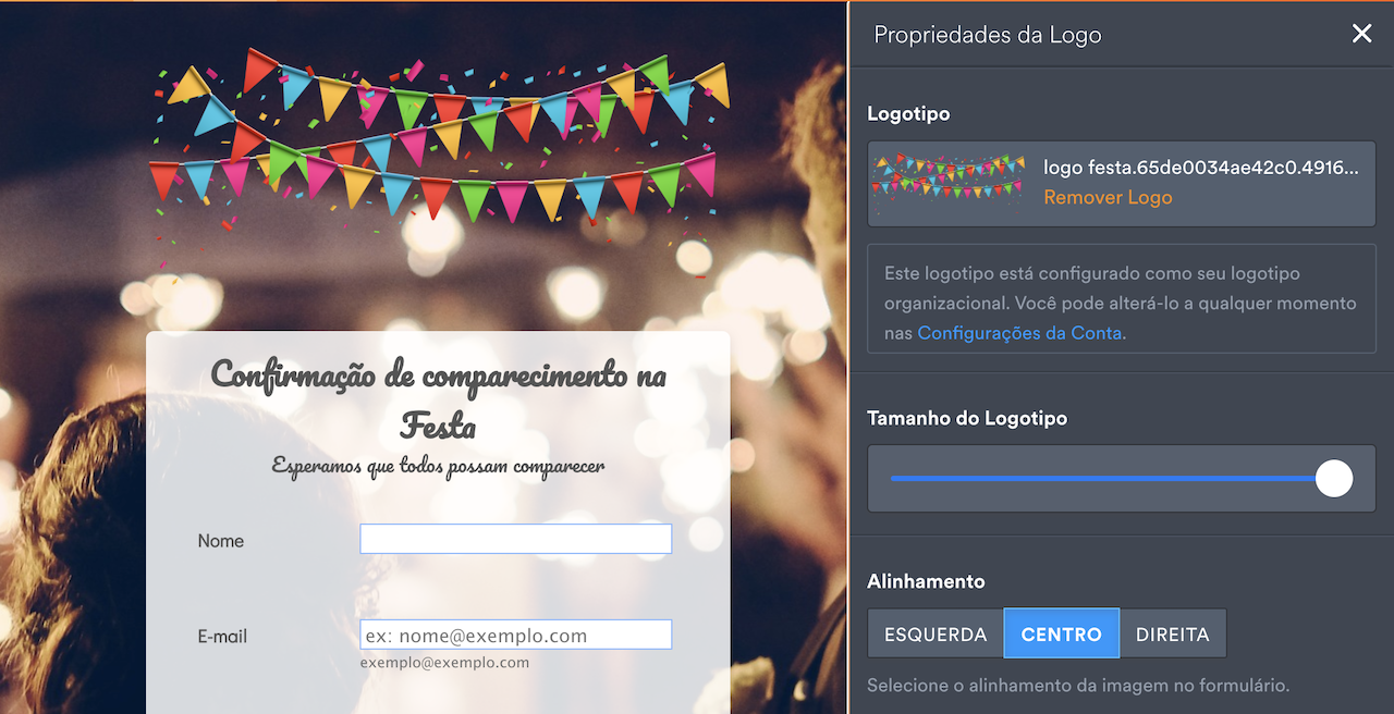 Um modelo simples de Jotform RVSP que exibe propriedades do logótipo