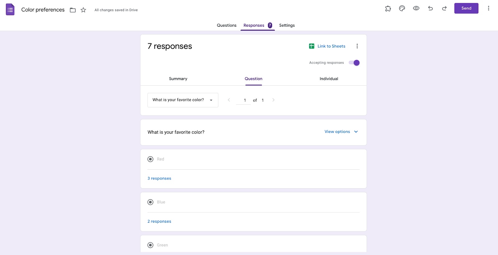 Screenshot di Google Forms facendo clic su Risposte e visualizzando la scheda Domanda