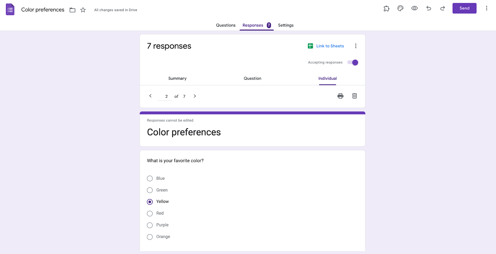 Screenshot di Google Forms facendo clic su Risposte e visualizzando la scheda Individuo