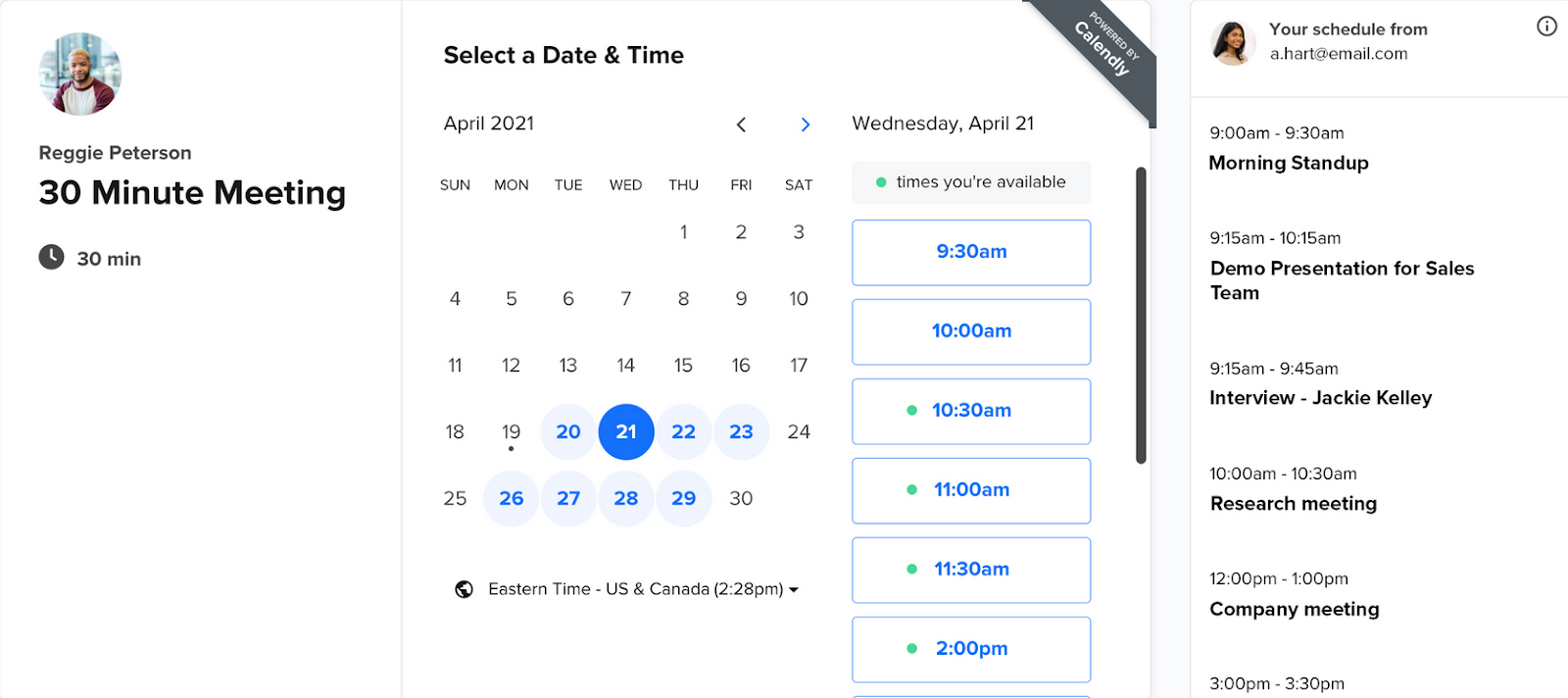 A screenshot of a Calendly scheduling page for 30- minute meetings, showing a monthly calendar view with available dates and times, as well as the user’s schedule for the selected date