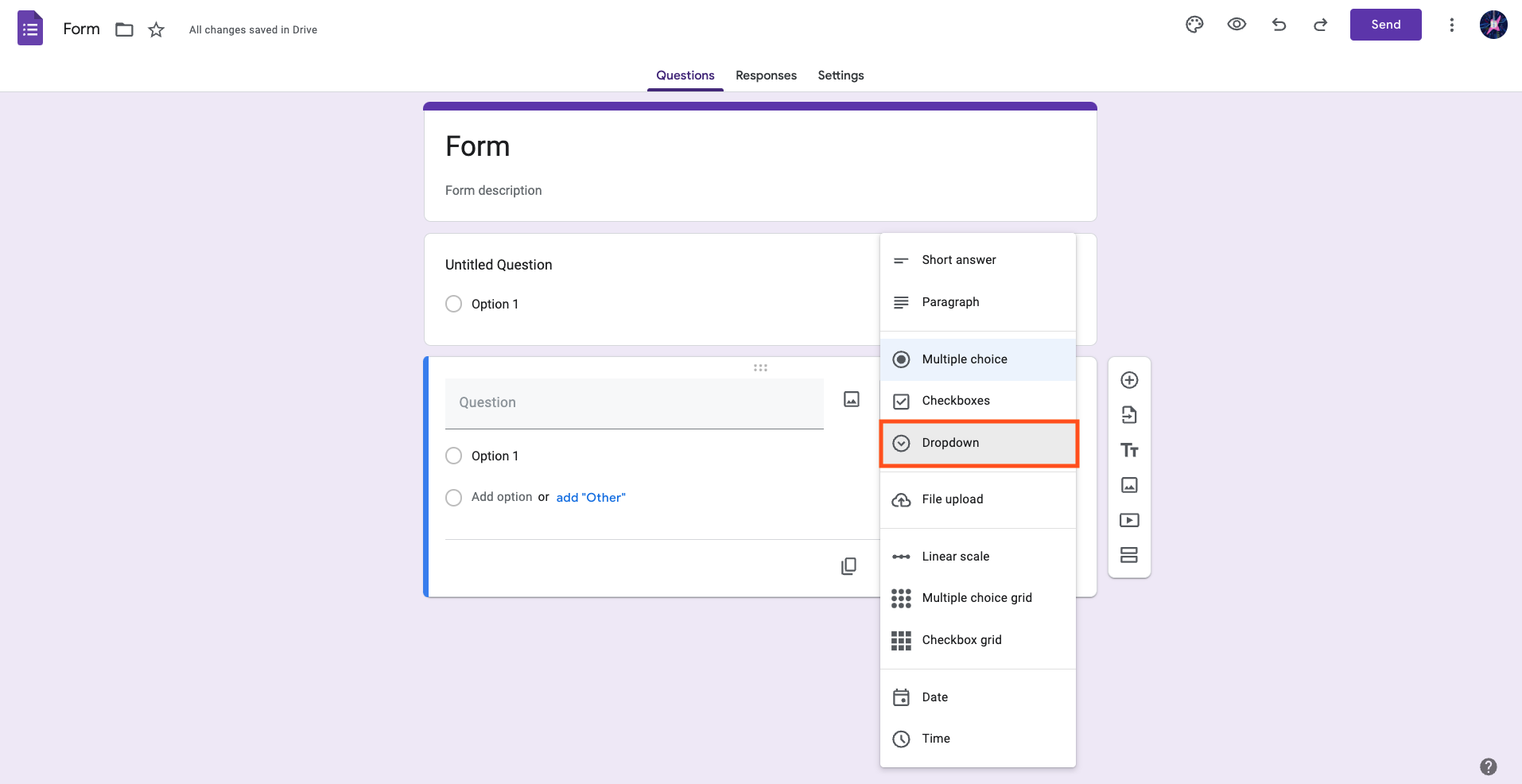 Screenshot of a form in Google Forms selecting Dropdown from the question options