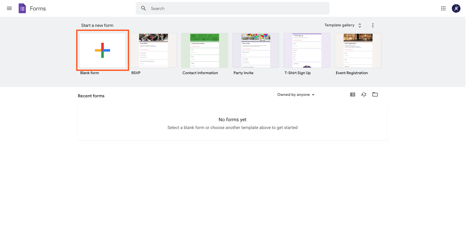 Screenshot of the home page of Google Forms clicking on the plus sign to create a new form