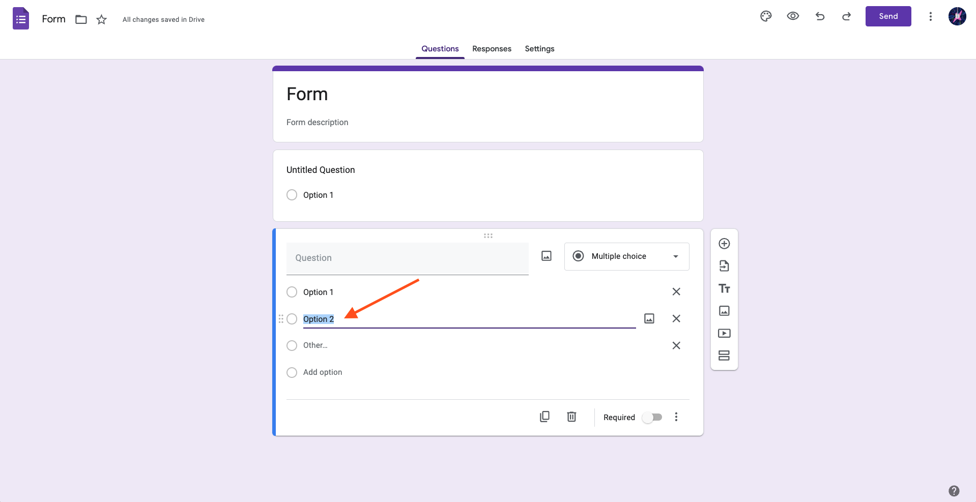 Screenshot of a form in Google Forms clicking on the Option 2 to edit the Option