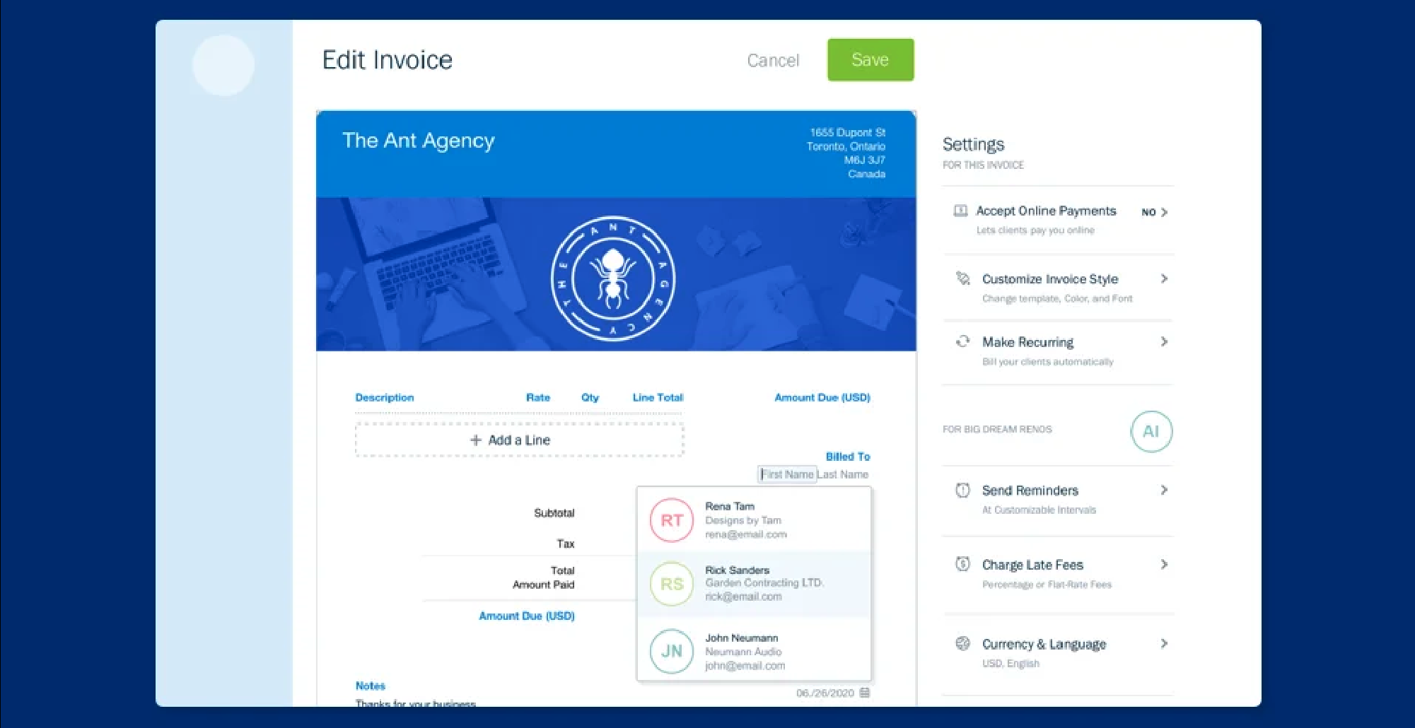 User Interface of Quickbooks Demonstrating Billing and Invoicing