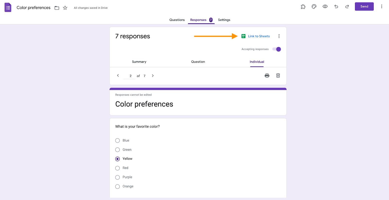 Screenshot della scheda Risposte in Google Forms facendo clic su Collega a fogli