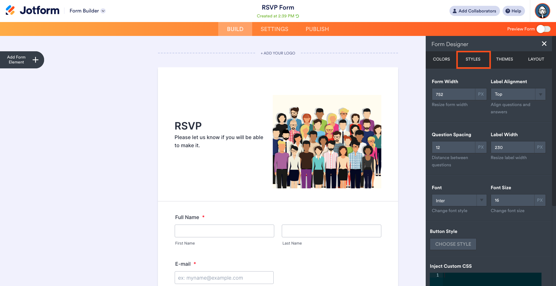 Screenshot of RSVP Form in Jotform Form Builder Clicking on Styles