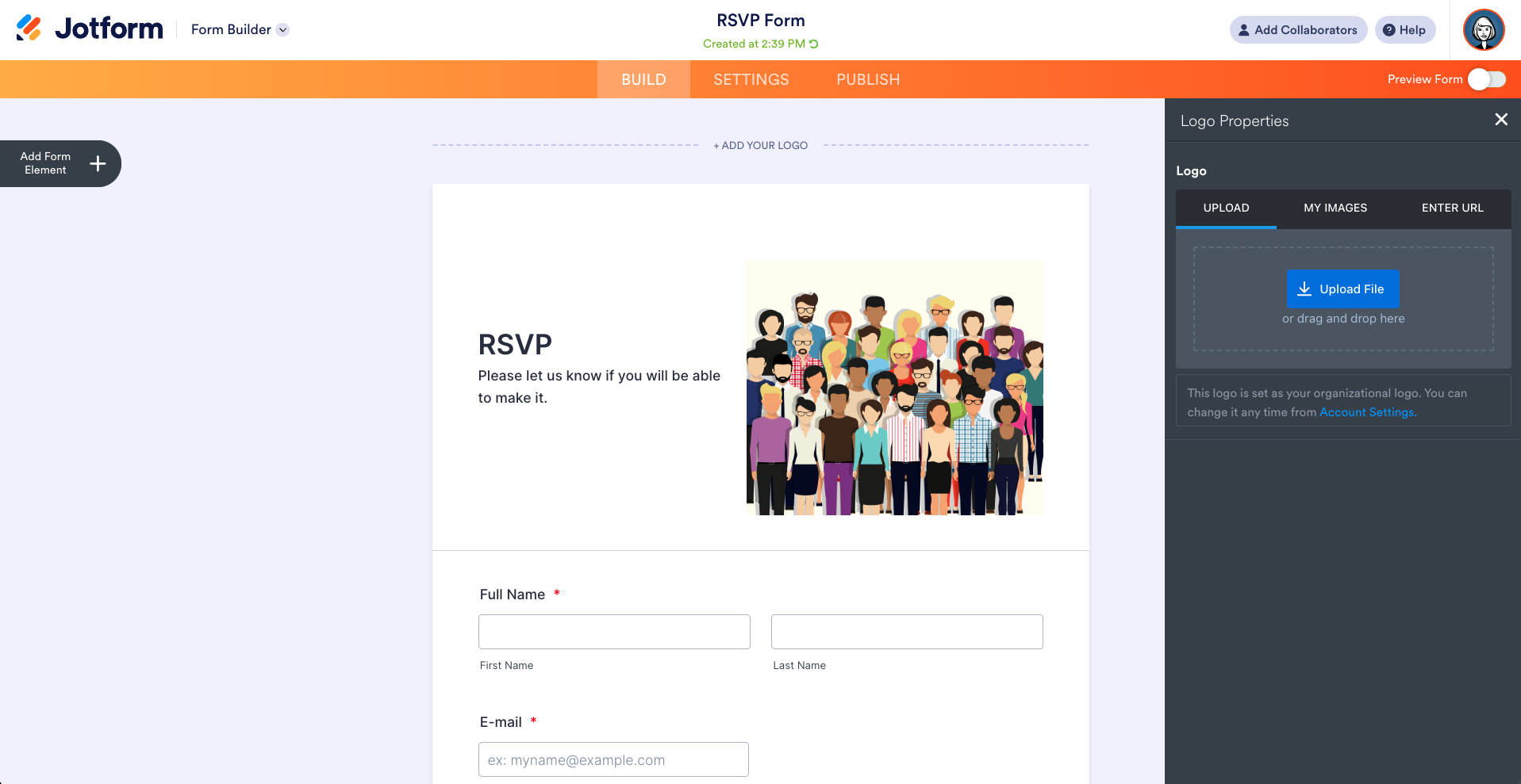 A Simple Jotform RVSP Template Displaying Logo Properties