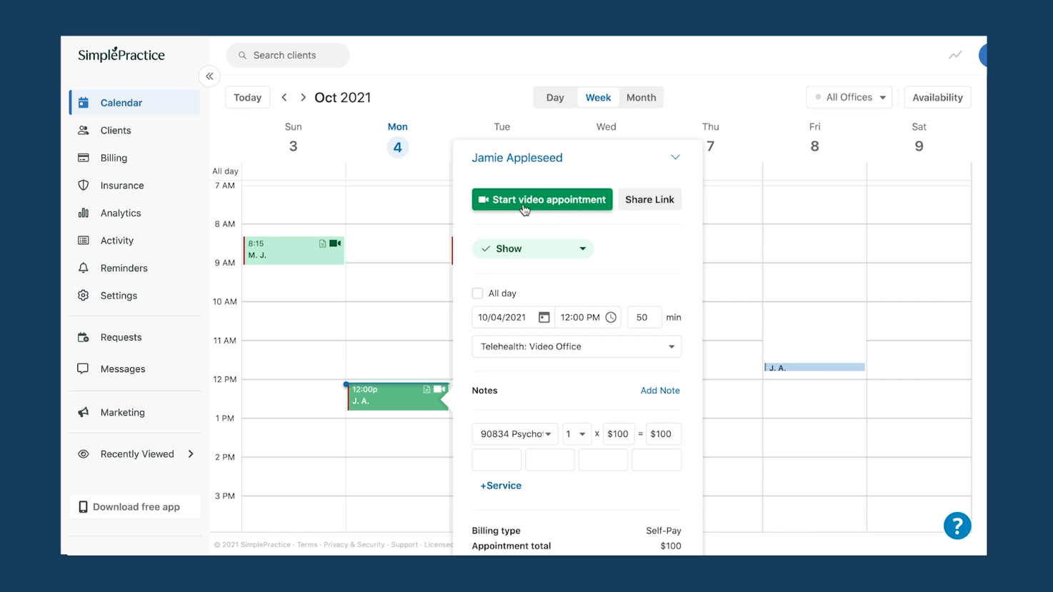User Interface of SimplePractice