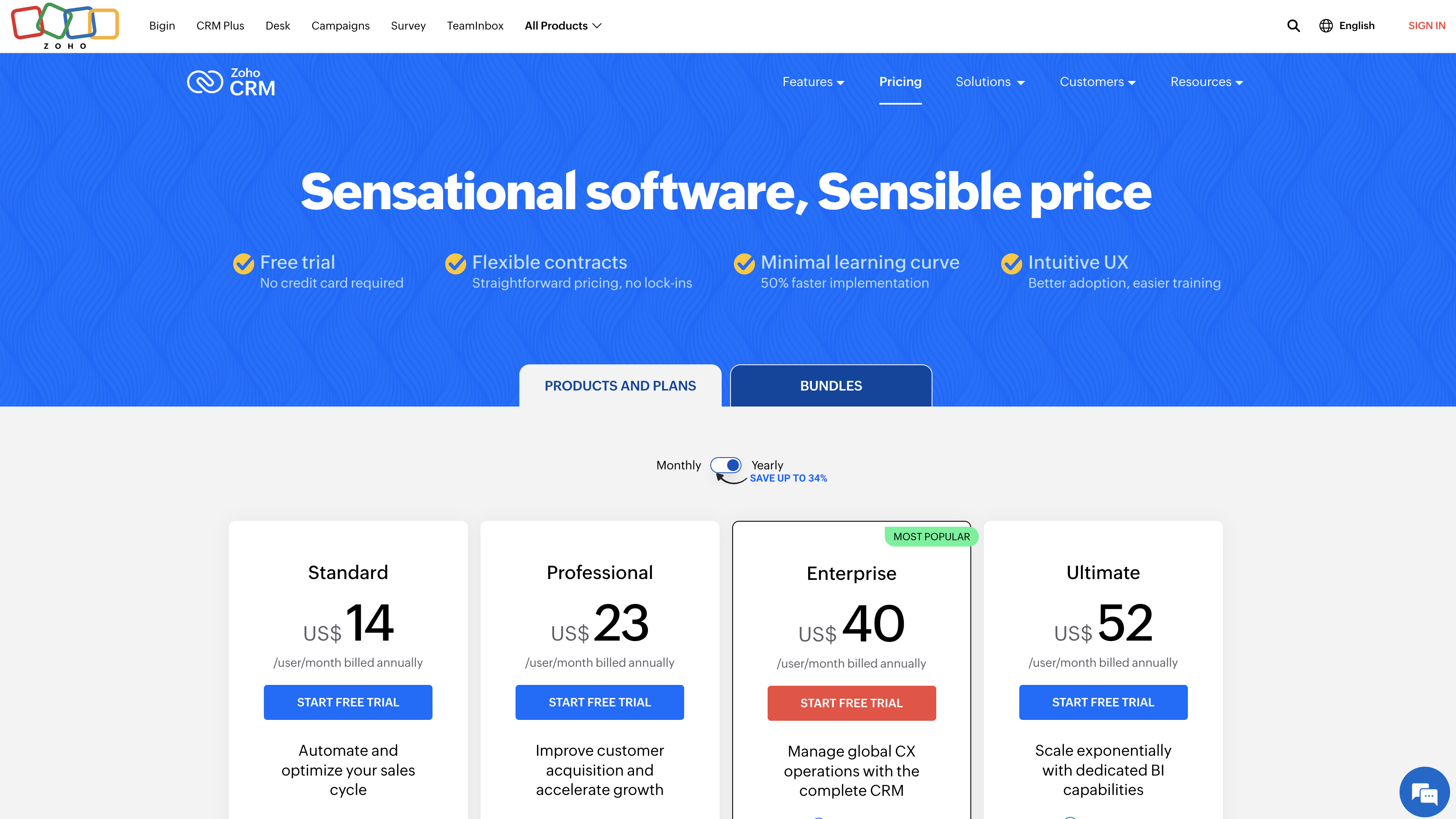 Zoho Pricing Page