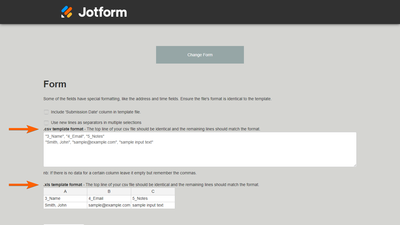The Jotform Import Data's template format guide