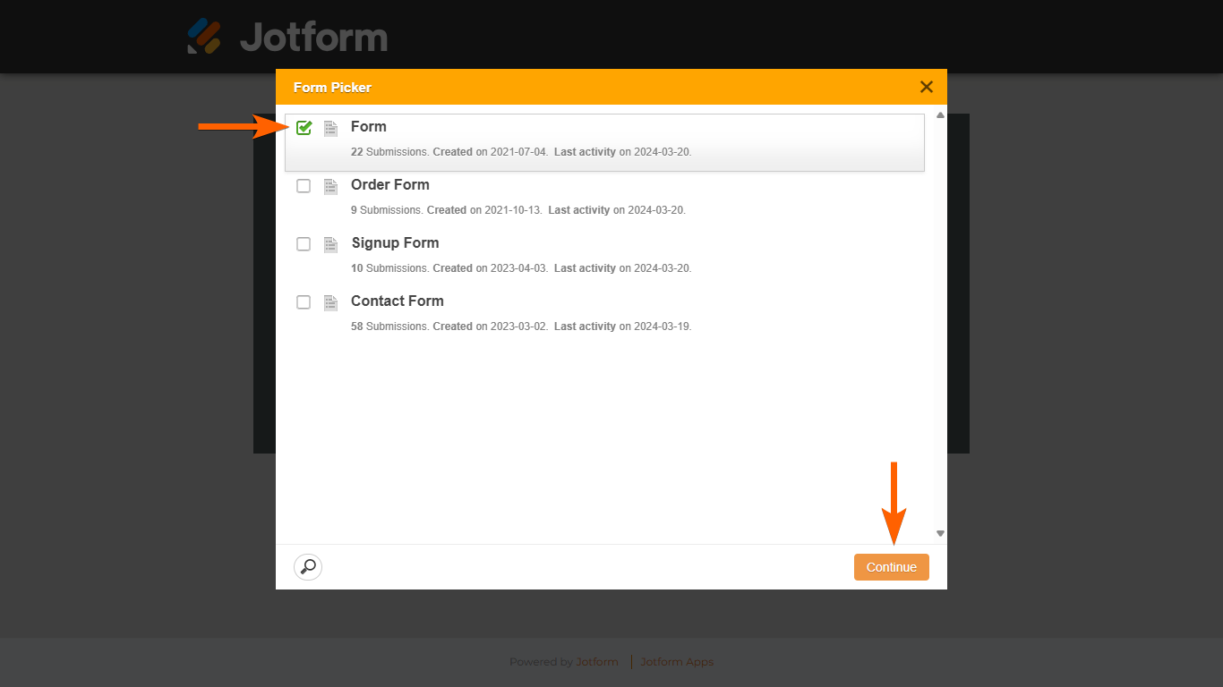 The Jotform Import Data's Form Picker dialog