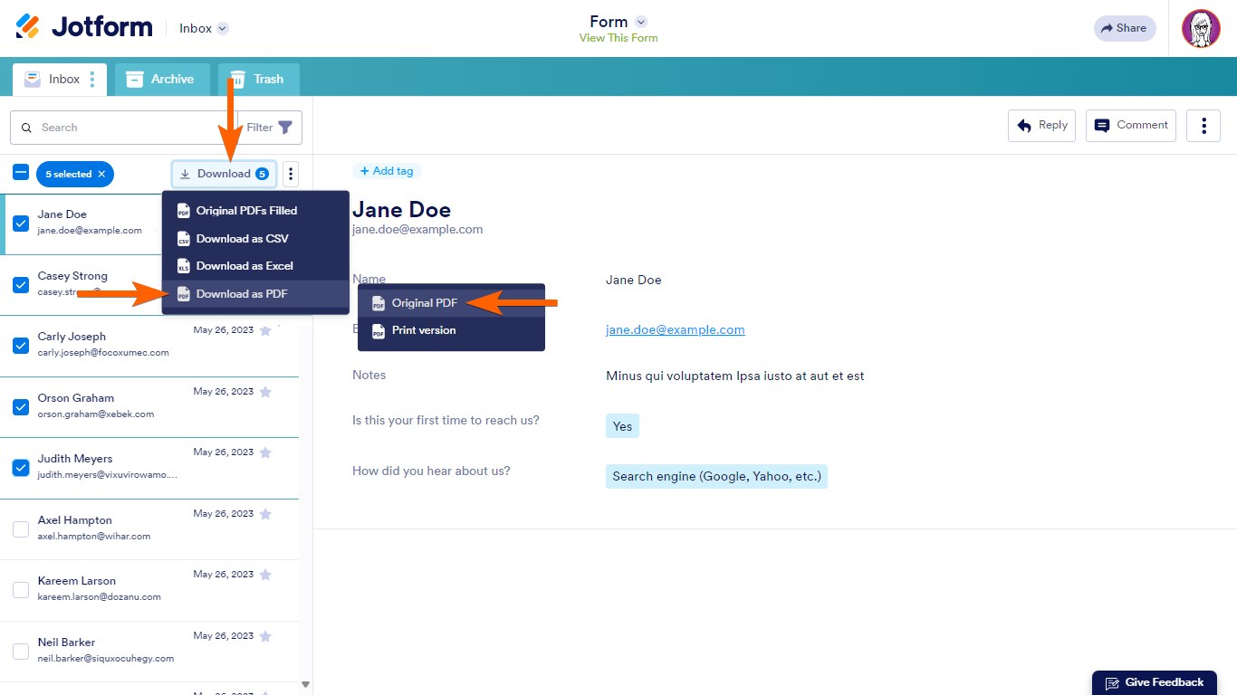 Pasos para descargar el PDF original en Jotform Inbox