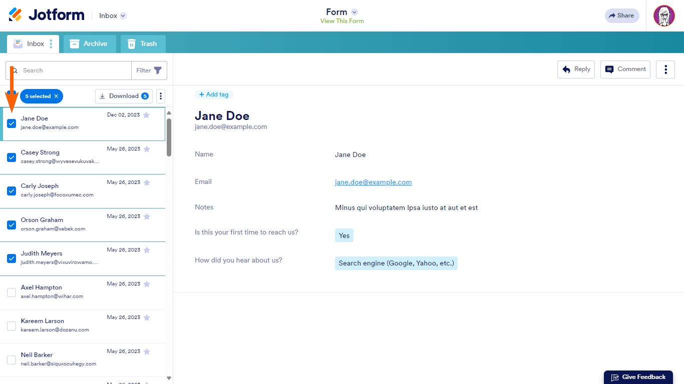 Seleccionando entradas en Jotform Inbox