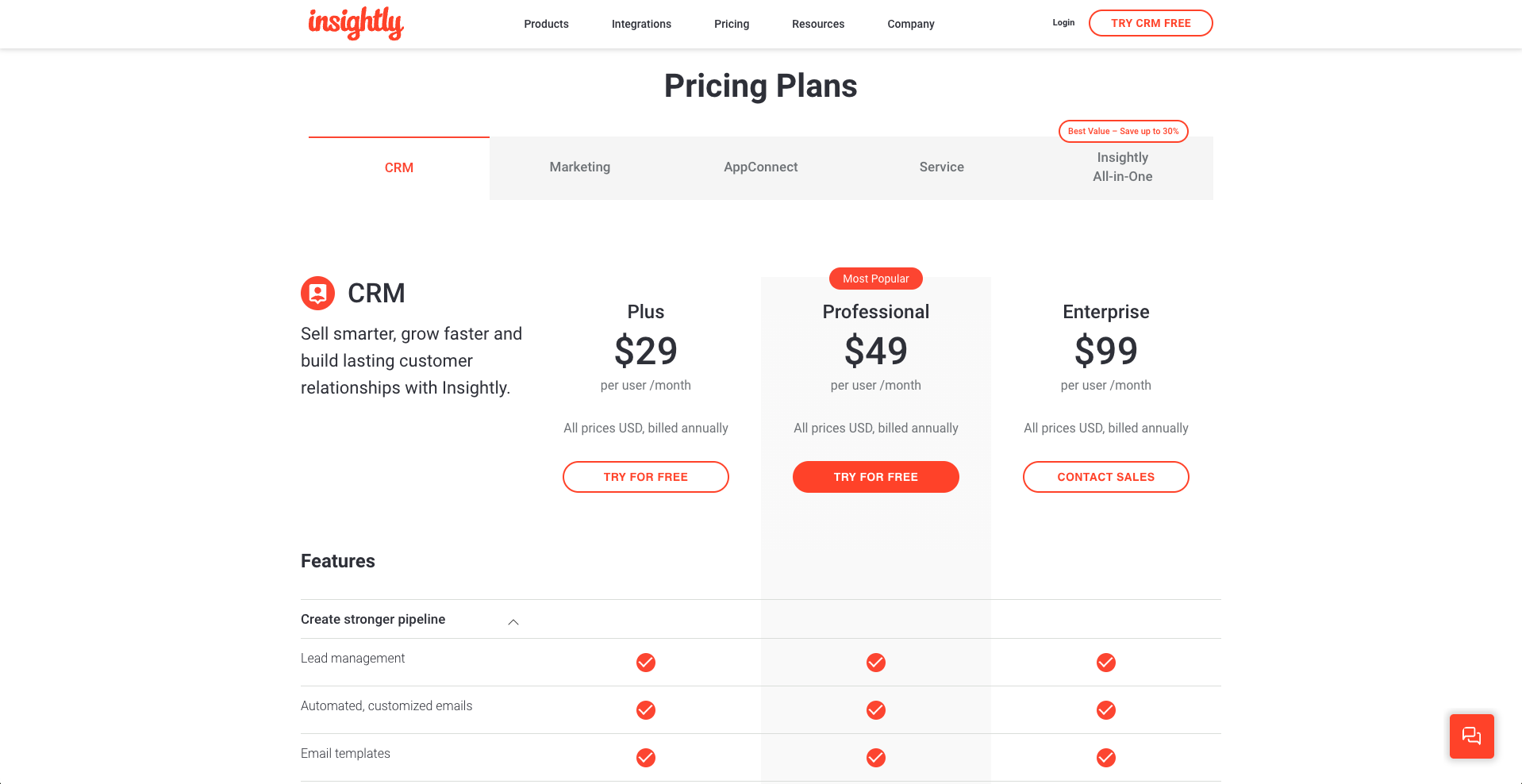Insightly Pricing Page