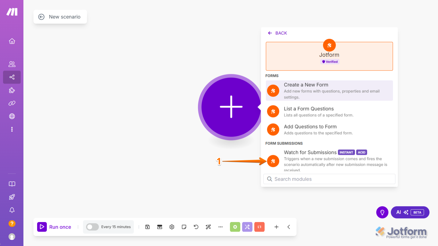 Select the Jotform trigger “Watch for Submissions” when setting up your scenario in Make