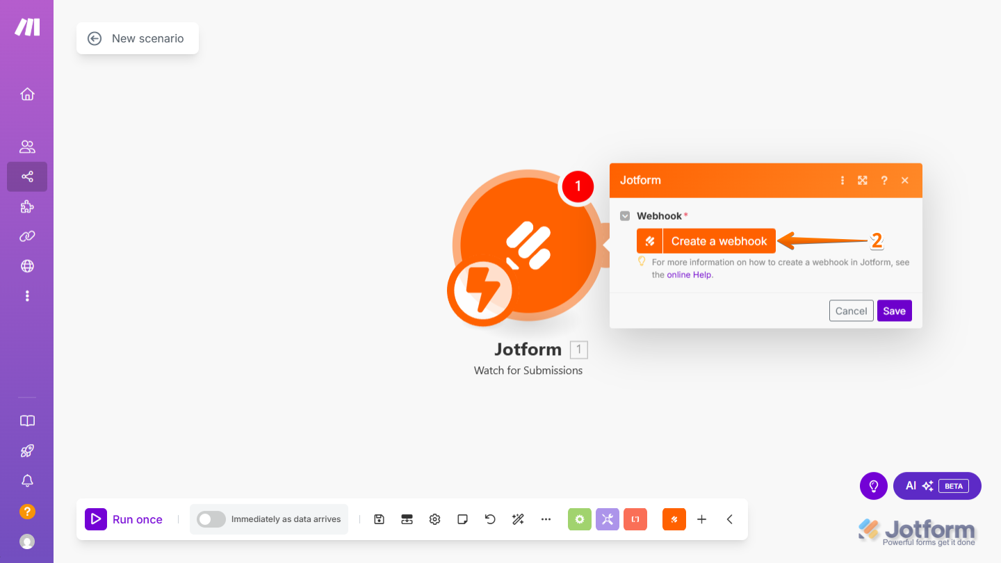 Create a Webhook option to setup the Trigger in Make with Jotform