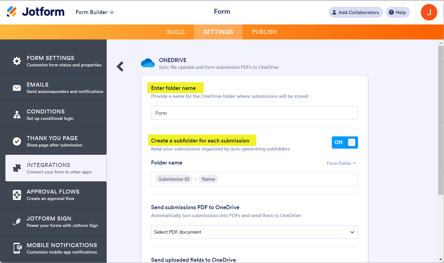 Folder and subfolder options in Jotform's OneDrive integration settings