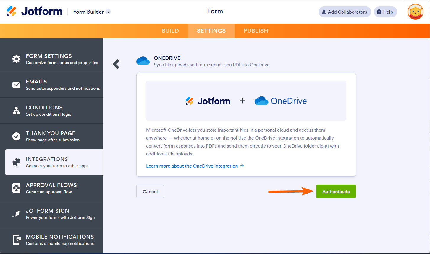 Authenticate button in OneDrive integration