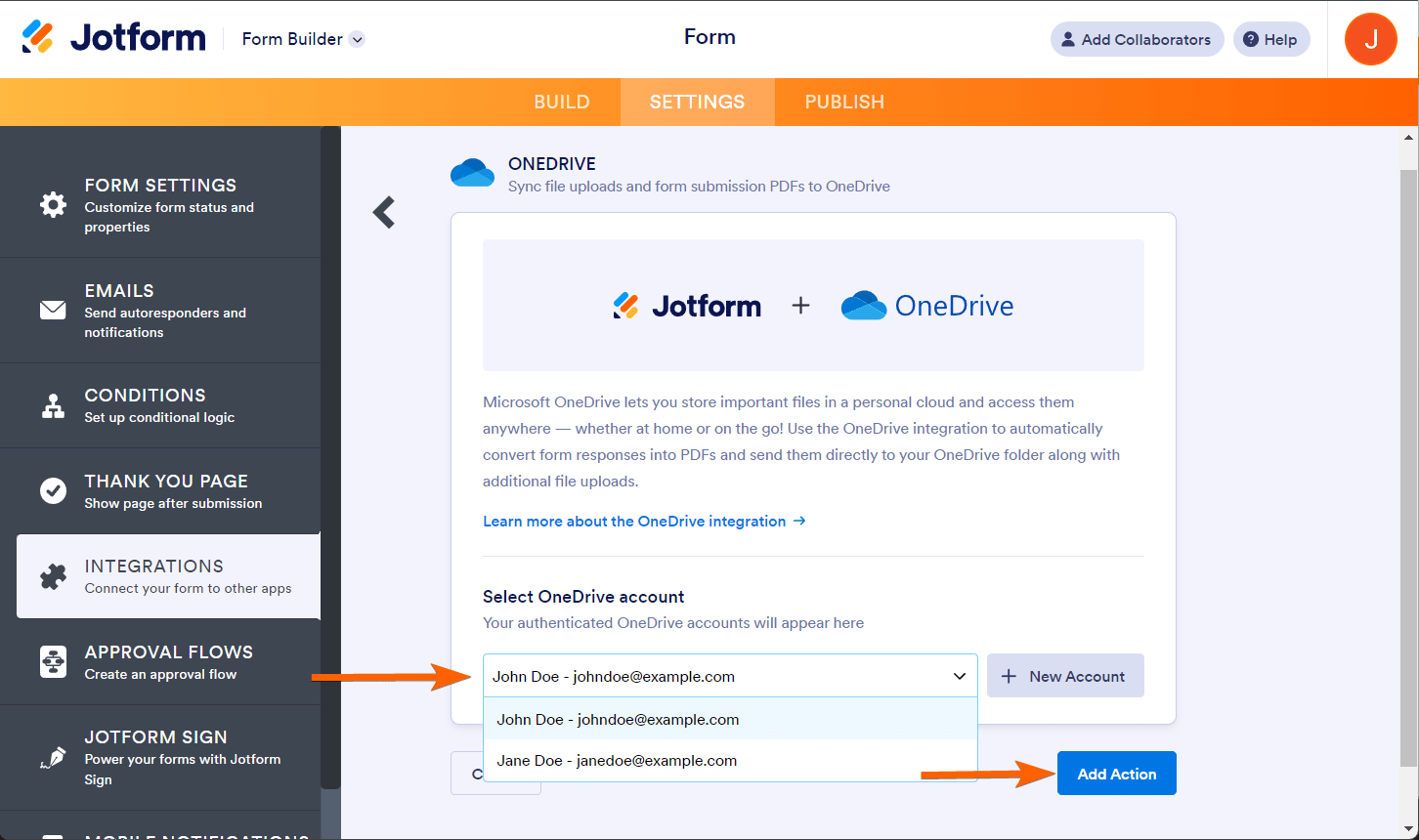 Select account, New Account and Add Action buttons in Jotform's OneDrive Integration settings