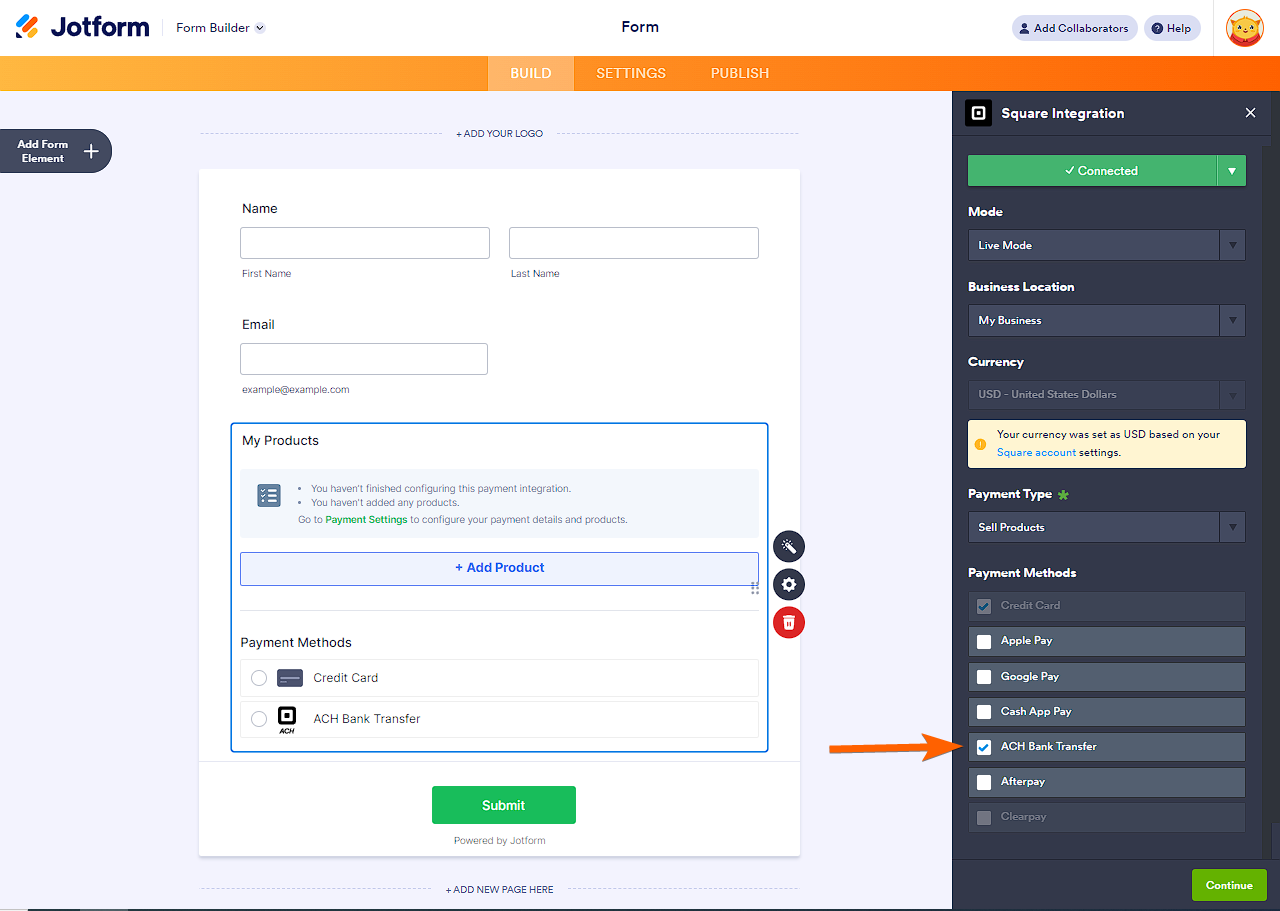ACH Bank Transfer in the Payment Method option of the Square Payment Settings