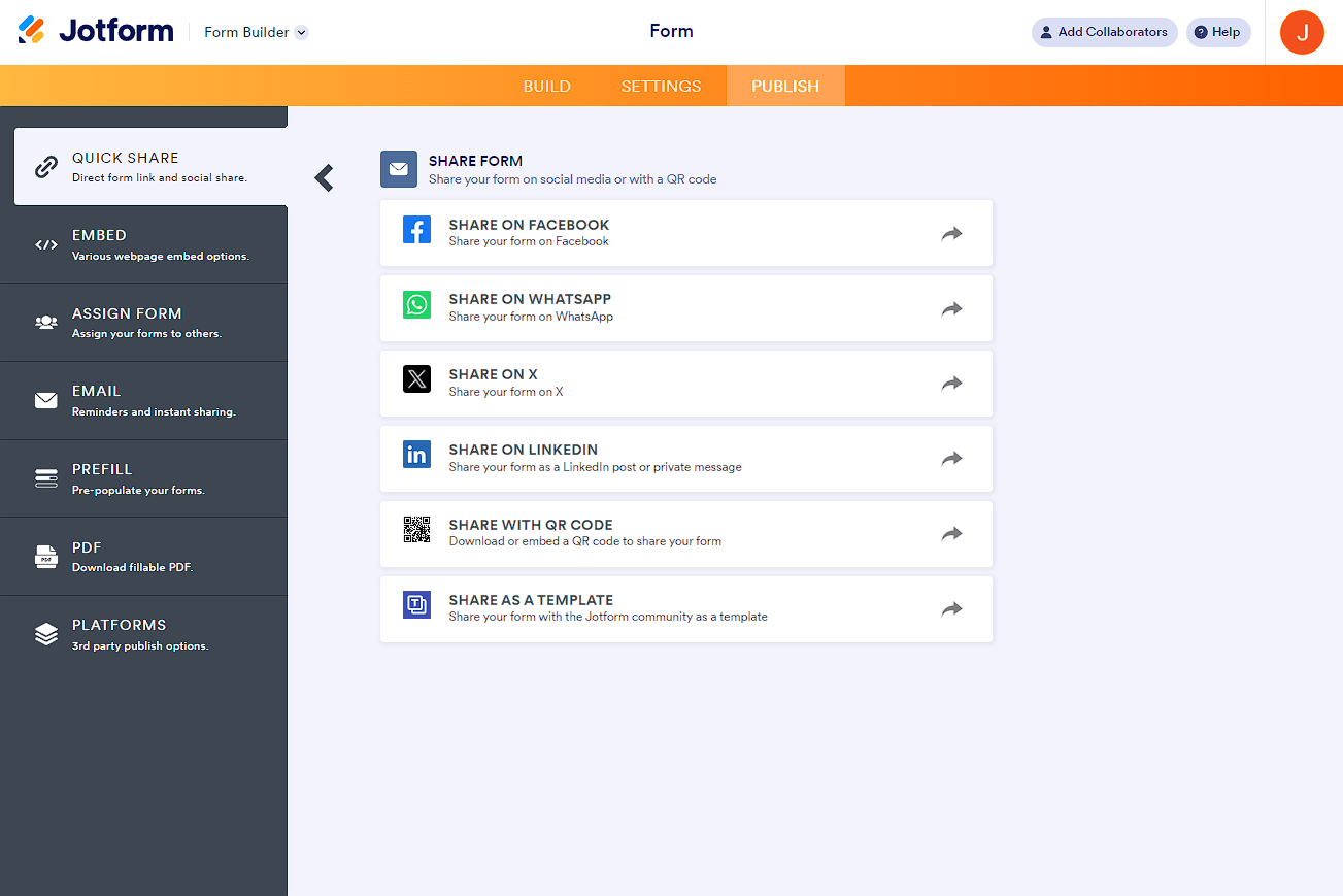 Social Media, QR, and Template share options in the Publish tab of the Jotform Form Builder