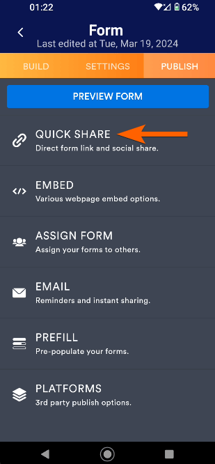 The Quick Share option in Jotform Mobile Forms