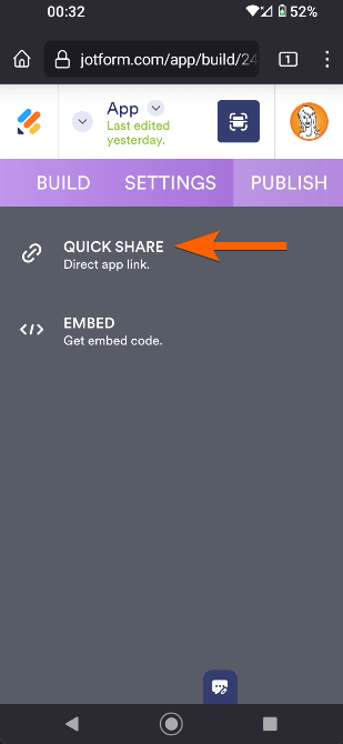 The Quick Share option in Jotform App