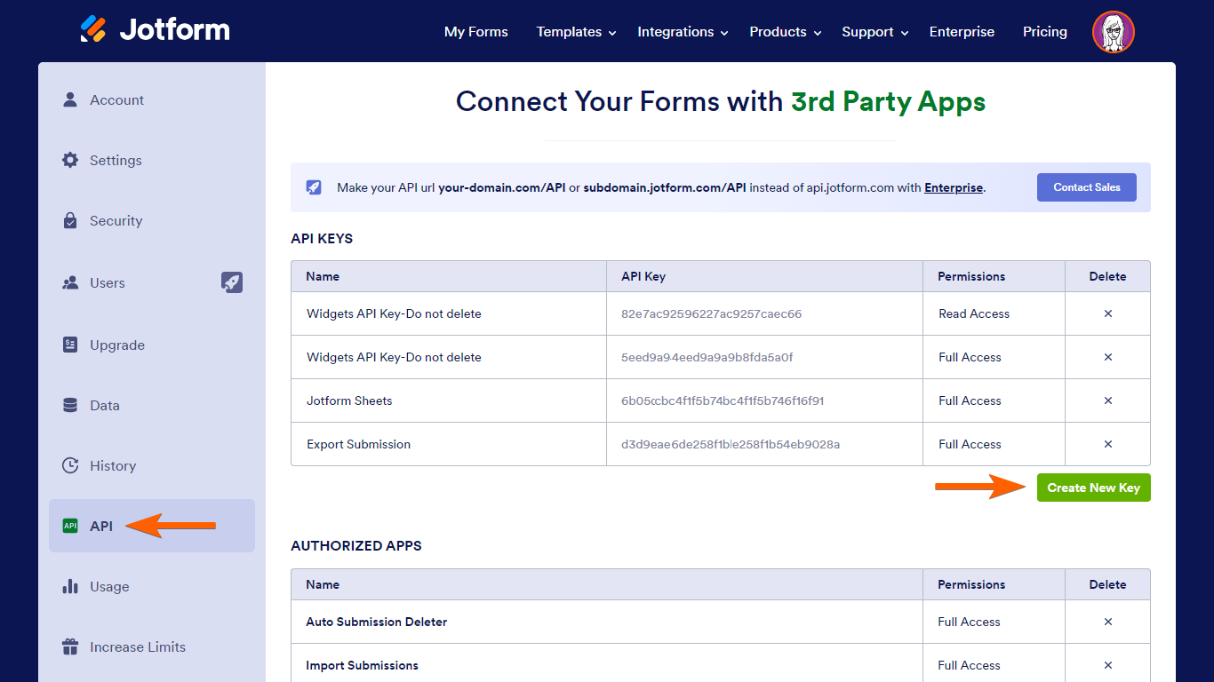 Pasos para generar una nueva clave API en Jotform