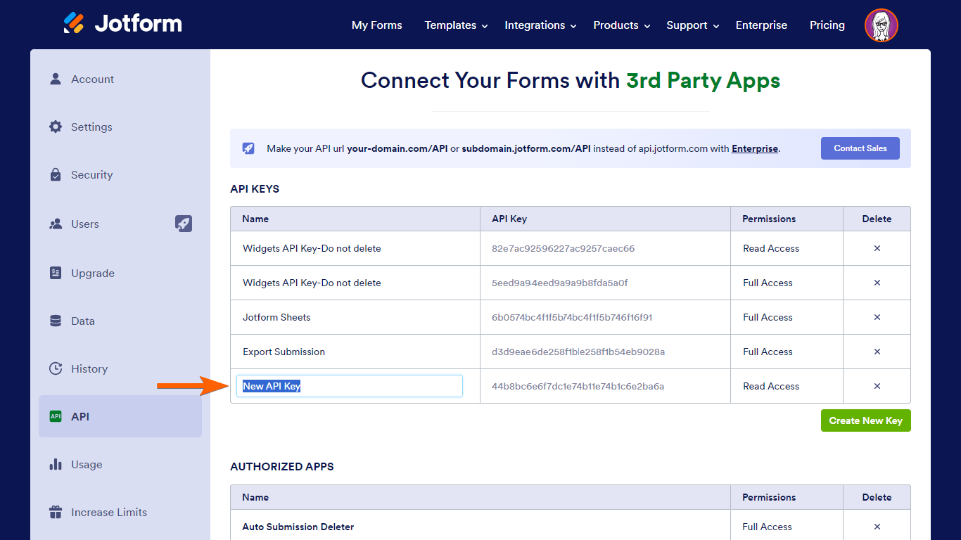 El nombre de la clave API en Jotform