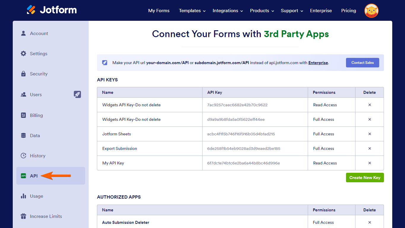The account API page in Jotform