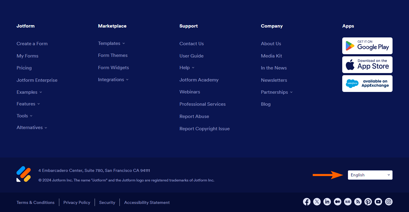 The footer language menu