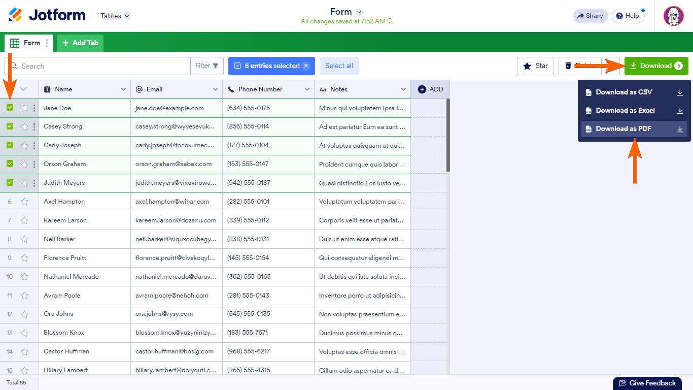 Pasos para descargar como PDF en Jotform Tables