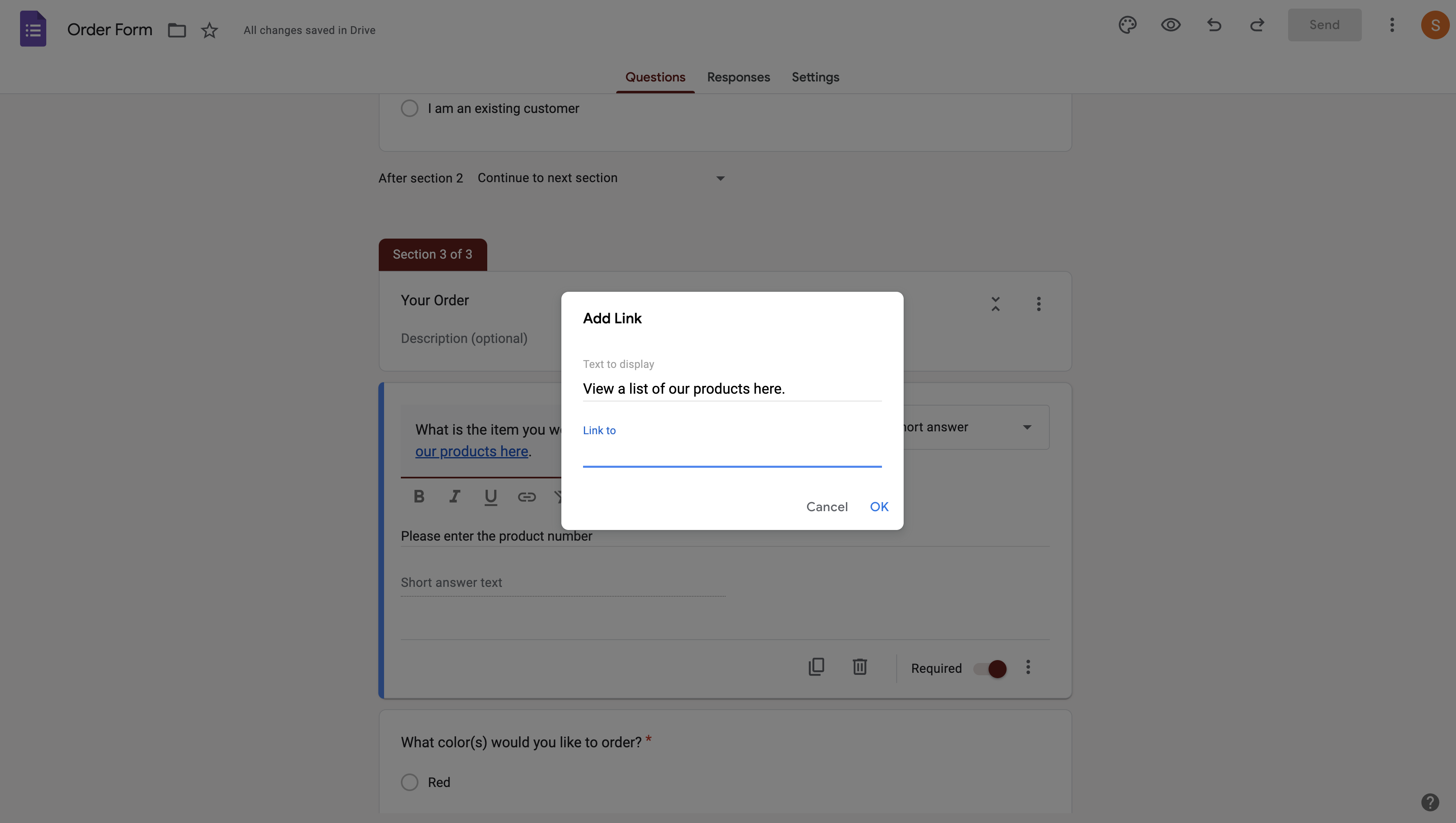 "Add Link" Window Pop-up in an Order Form in Google Forms