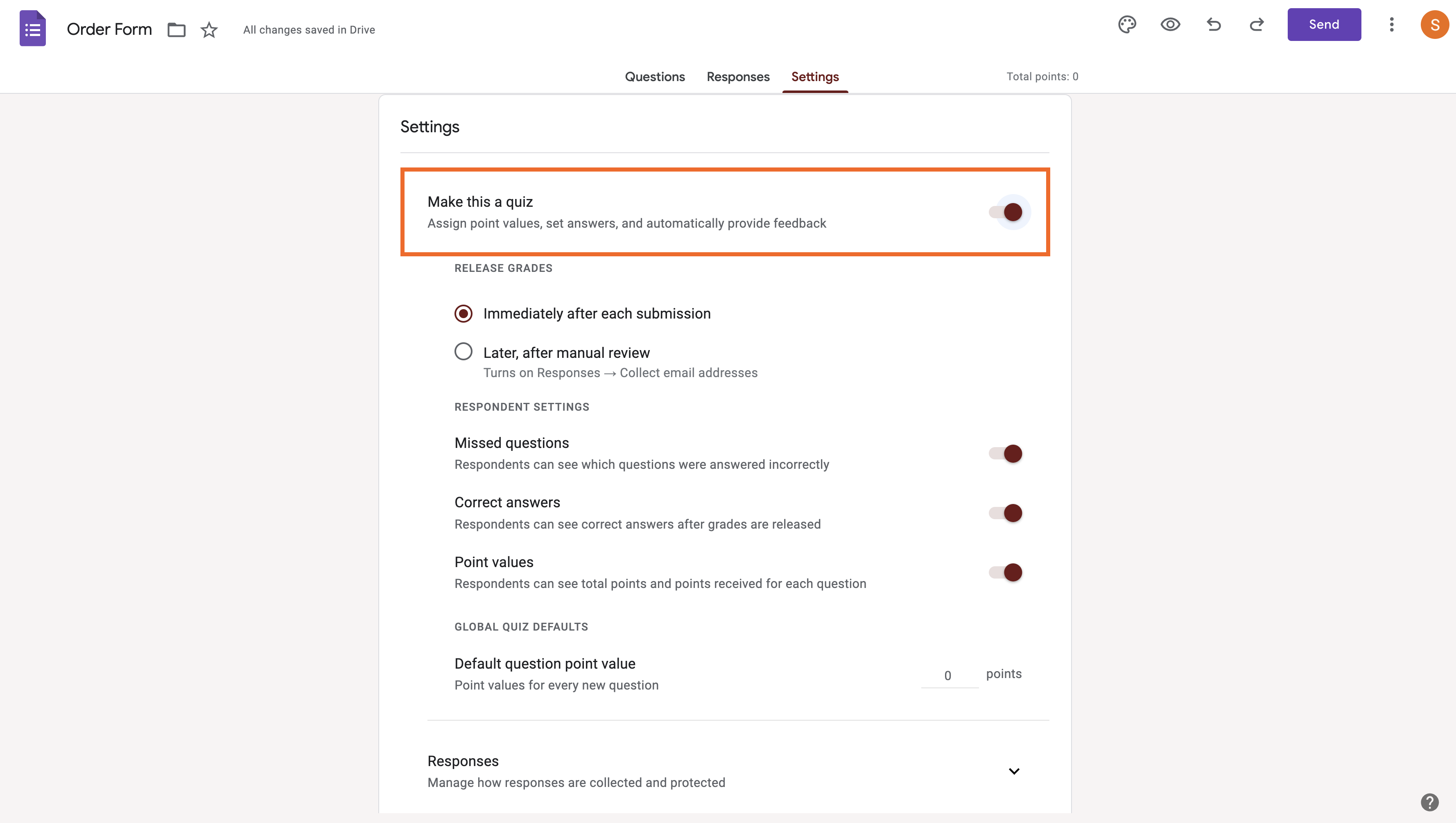 Settings Tab of an Order Form in Google Forms Toggling "Make this a quiz" Option to On