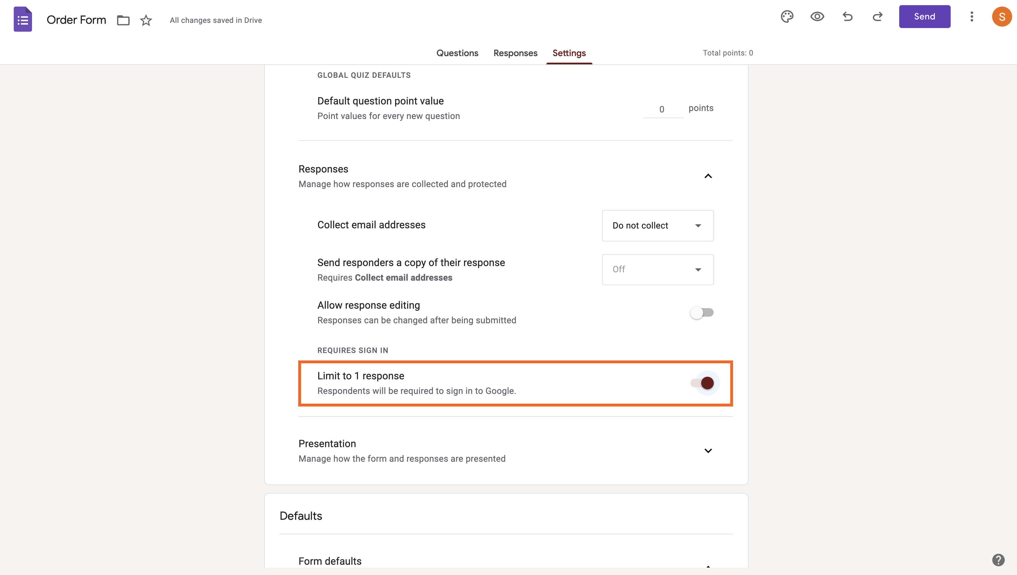 Settings Tab of an Order Form in Google Forms Toggling "Limit to 1 response" Option to On