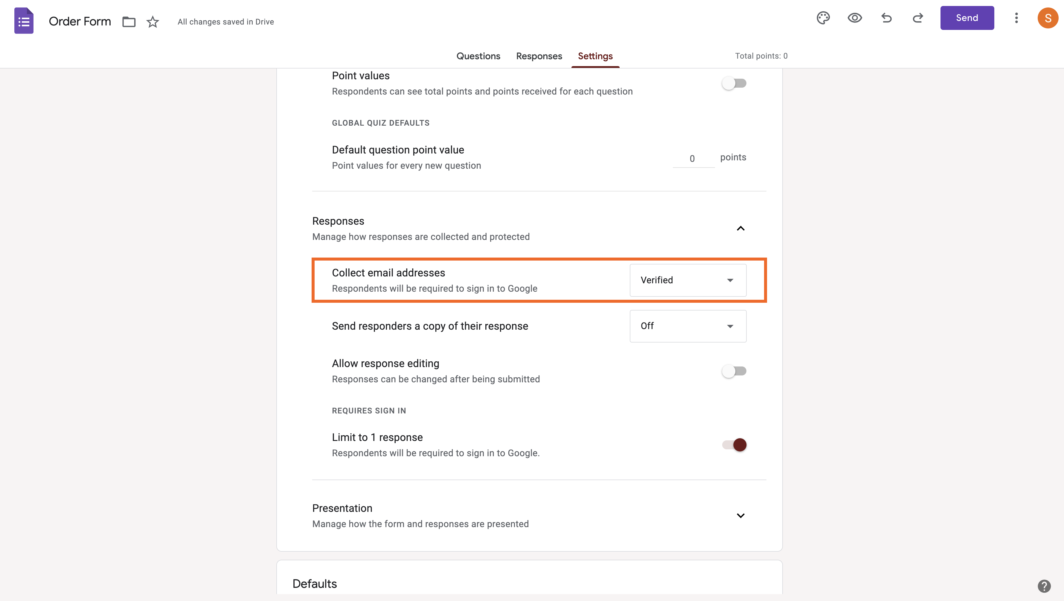 Settings Tab of an Order Form, Viewing the Options Under Responses Settings, Selecting Verified in "Collect email addresses" Option