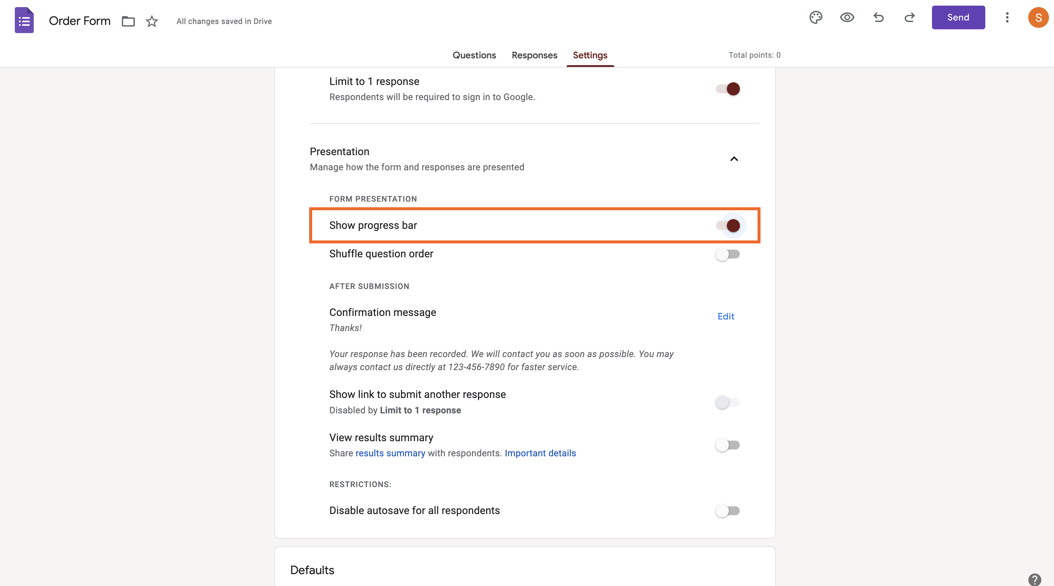 Settings Tab of an Order Form Viewing the Options Under Presentation Settings, Toggling "Show progress bar" Option to On