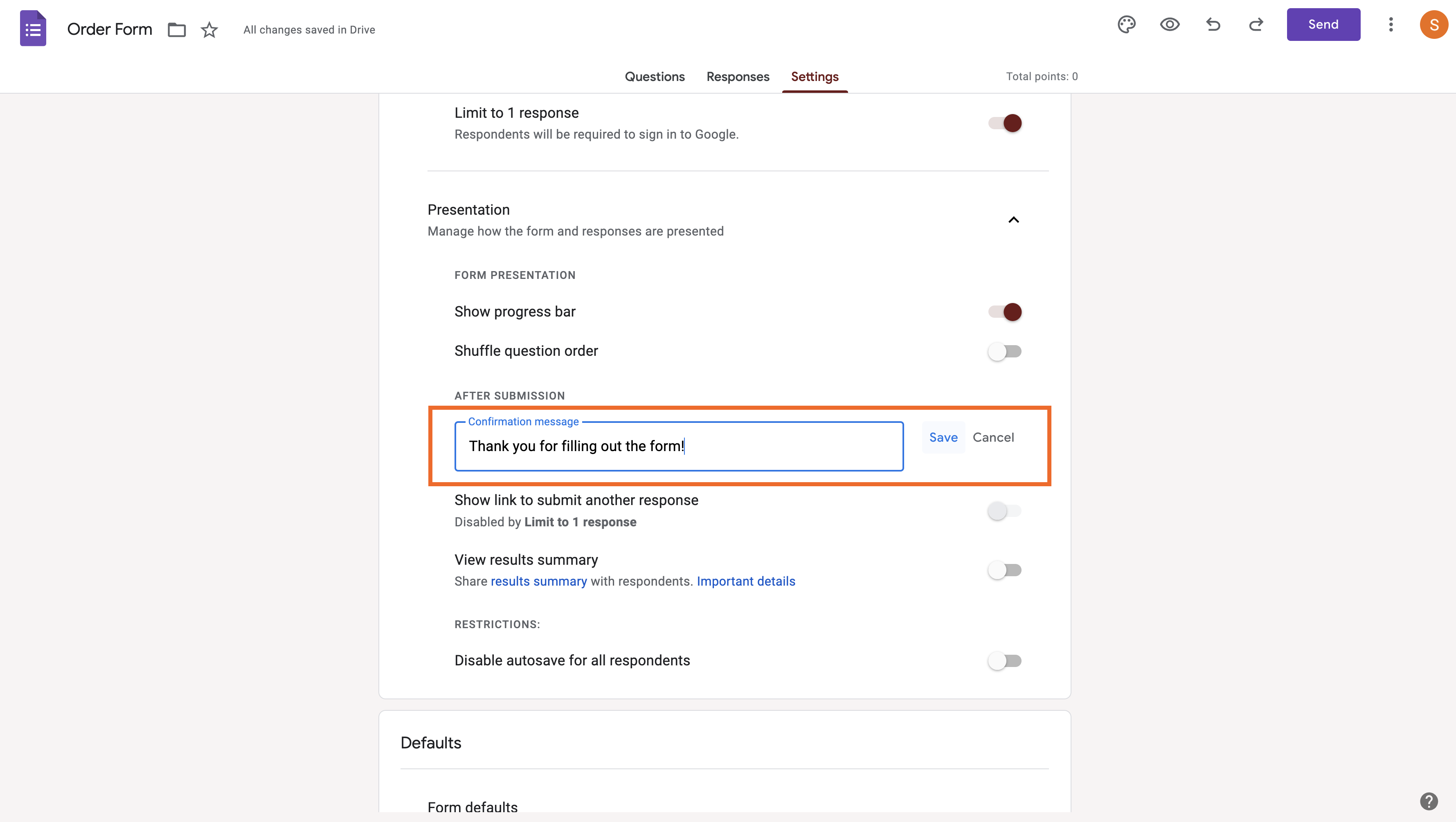 Settings Tab of an Order Form in Google Forms Entering a Confirmation Message